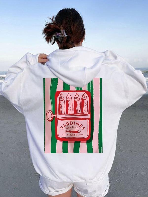 Women's Canned Fish Print Hoodie, Casual Loose-fit Winter Top with Pockets for Outdoor Streetwear, Stylish Autumn Apparel...