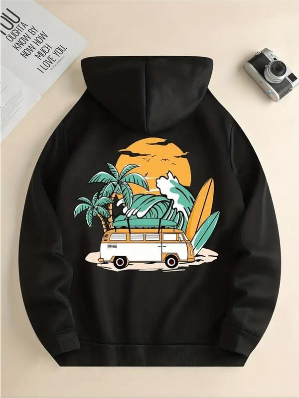 Women's Car & Landscape Print Drop Shoulder Hoodie, Fashion Casual Drawstring Pocket Hooded Sweatshirt for Daily Holiday...