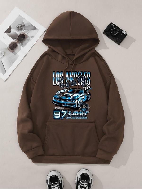 Women's Car & Letter & Number Print Drop Shoulder Hoodie, Street Casual Drawstring Pocket Hooded Sweatshirt for Daily...