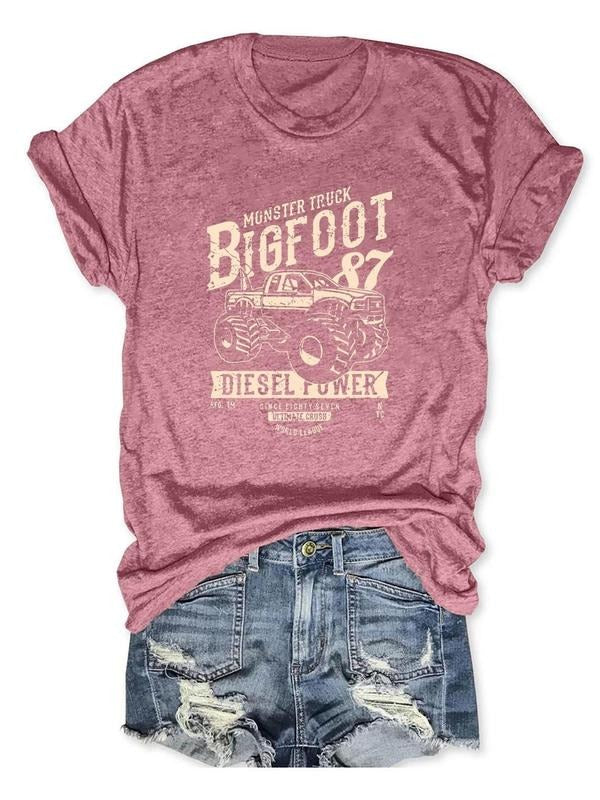 Women's Car & Letter & Number Print Round Neck Tee, Trendy Casual Short Sleeve T-Shirt for Daily Wear, Ladies Streetwear...