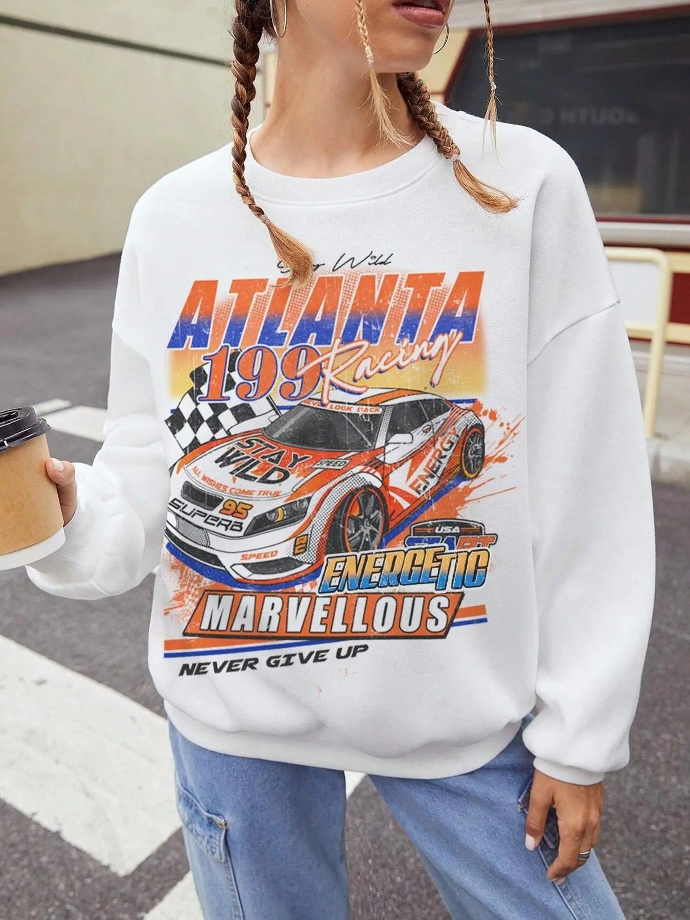 Car & Letter Print Crew Neck Casual Long Sleeve Fall & Winter Clothes Daily T-Shirts, Hoodie, Sweatshirt