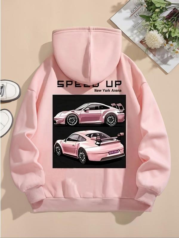 Women's Car & Letter Print Drawstring Hoodie, Fashion Casual Hooded Sweatshirt for Daily Holiday Outdoor Wear, Women...