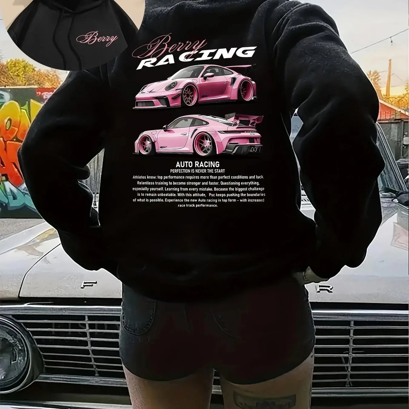 Women's Car & Letter Print Drawstring Pocket Hoodie, Street Fashion Long Sleeve Hooded Sweatshirt for Daily Holiday...