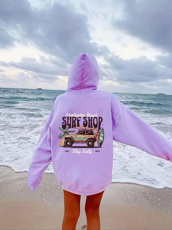 Women's Car & Letter Print Drop Shoulder Hoodie, Fashion Casual Drawstring Kangaroo Pocket Hooded Sweatshirt for Daily...