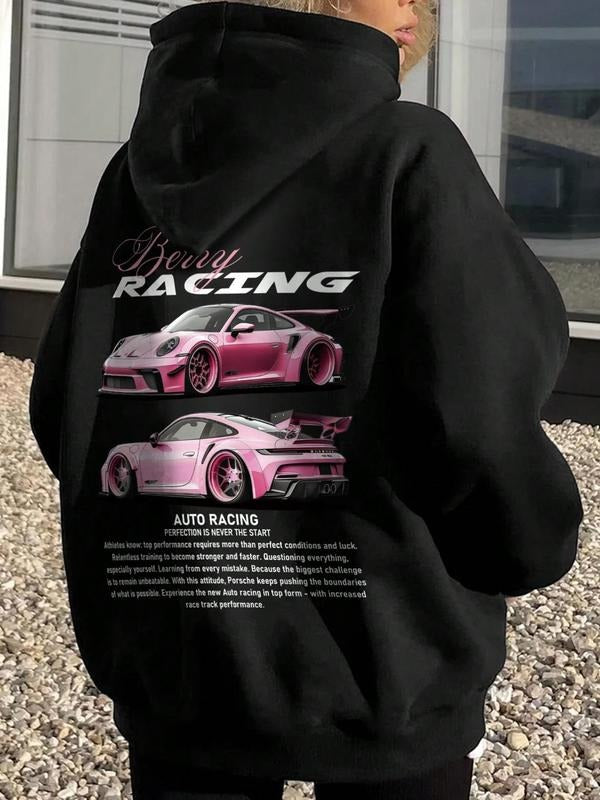 Women's Car & Letter Print Drop Shoulder Hoodie, Fashion Casual Drawstring Pocket Hooded Sweatshirt for Daily Holiday...