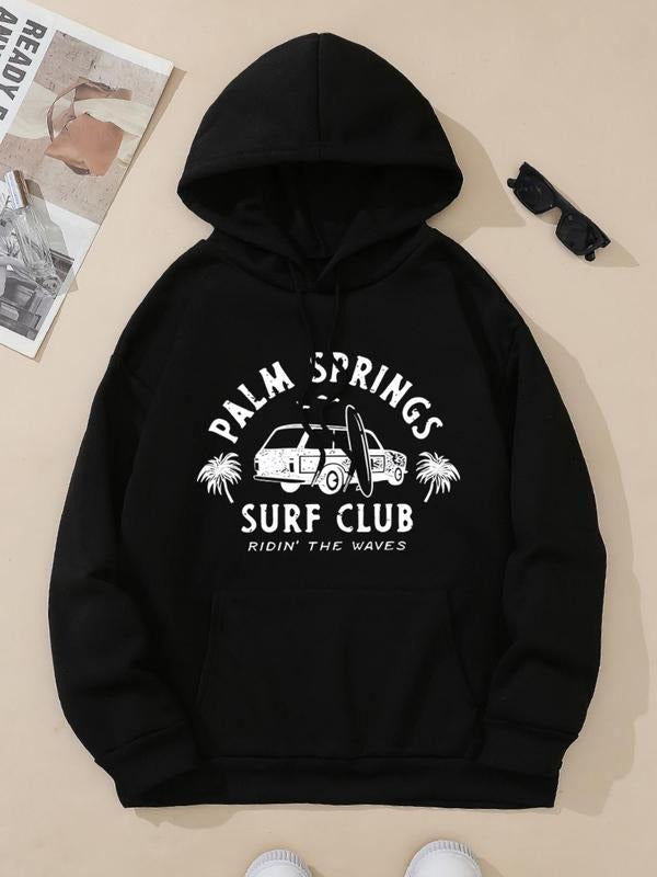 Women's Car & Letter Print Drop Shoulder Hoodie, Fashion Casual Drawstring Pocket Hooded Sweatshirt for Daily Holiday...