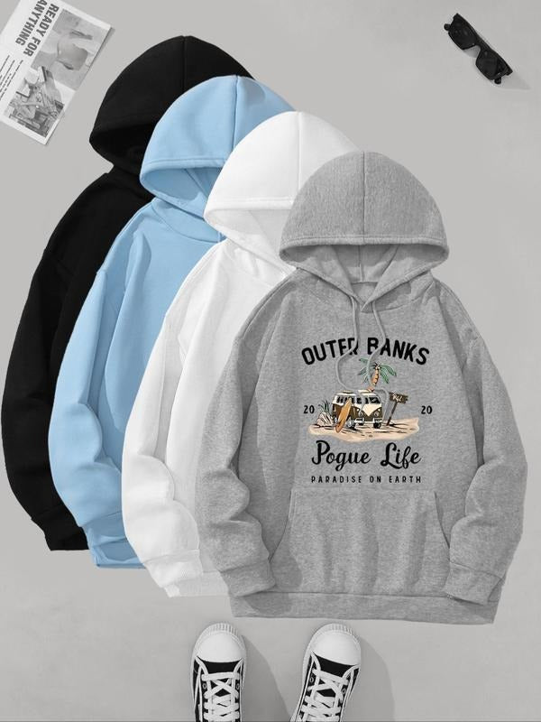 Women's Car & Letter Print Drop Shoulder Hoodie, Fashion Casual Drawstring Pocket Hooded Sweatshirt for Daily Holiday...