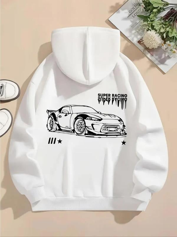 Women's Car & Letter Print Drop Shoulder Hoodie, Fashion Casual Drawstring Pocket Hooded Sweatshirt for Daily Holiday...