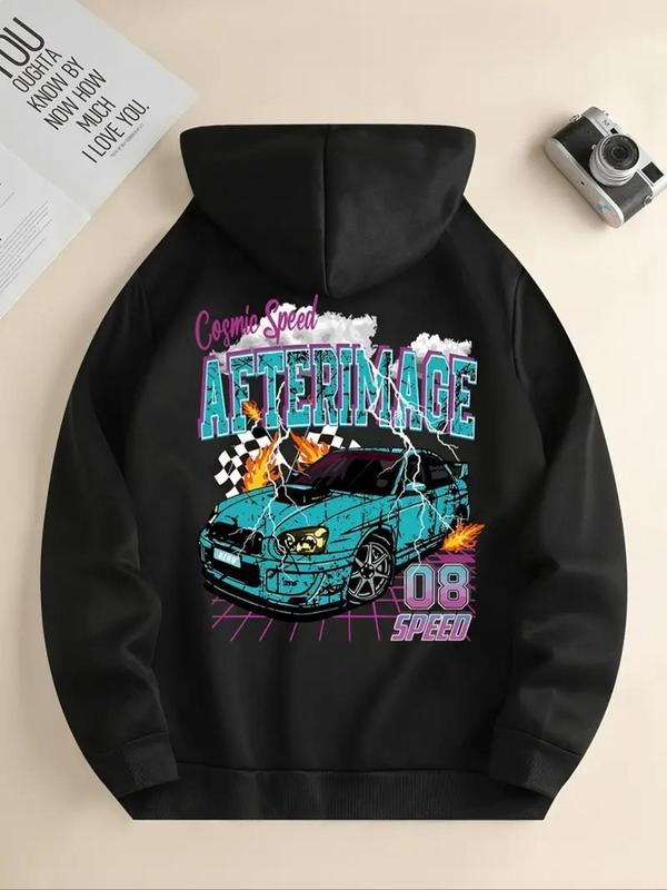 Women's Car & Letter Print Drop Shoulder Hoodie, Fashion Casual Drawstring Pocket Hooded Sweatshirt for Daily Holiday...
