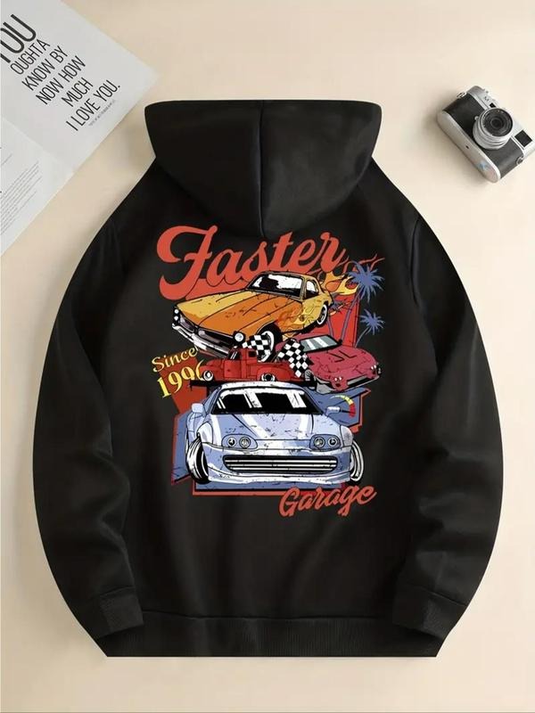 Women's Car & Letter Print Drop Shoulder Hoodie, Fashion Casual Drawstring Pocket Hooded Sweatshirt for Daily Holiday...