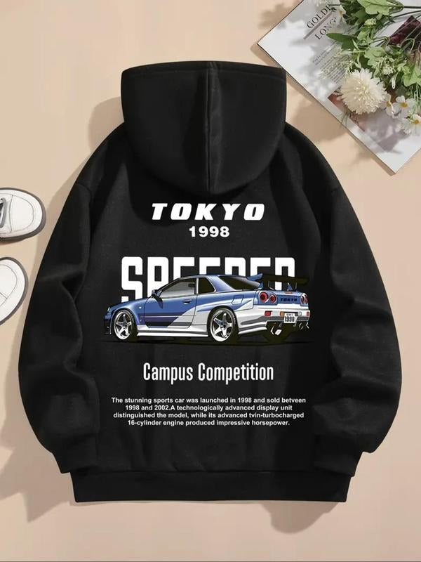 Women's Car & Letter Print Drop Shoulder Long Sleeve Hoodie, Fashion Casual Drawstring Pocket Hooded Sweatshirt for Daily...