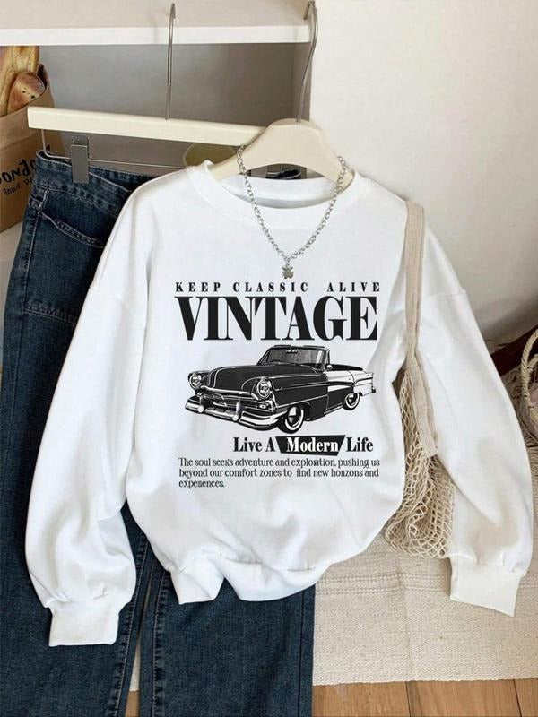 Women's Car & Letter Print Drop Shoulder Sweatshirt, Casual Long Sleeve Round Neck Pullover for Spring & Fall, Ladies...