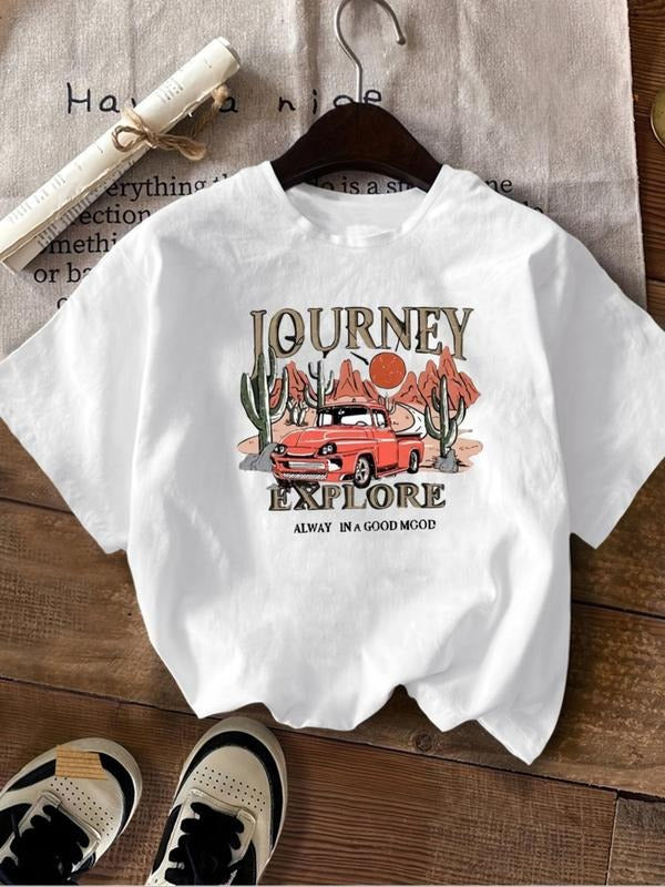 Women's Car & Letter Print Round Neck Graphic Tee, Vintage Trendy Casual Cactus Graphic Drop Shoulder Short Sleeve...