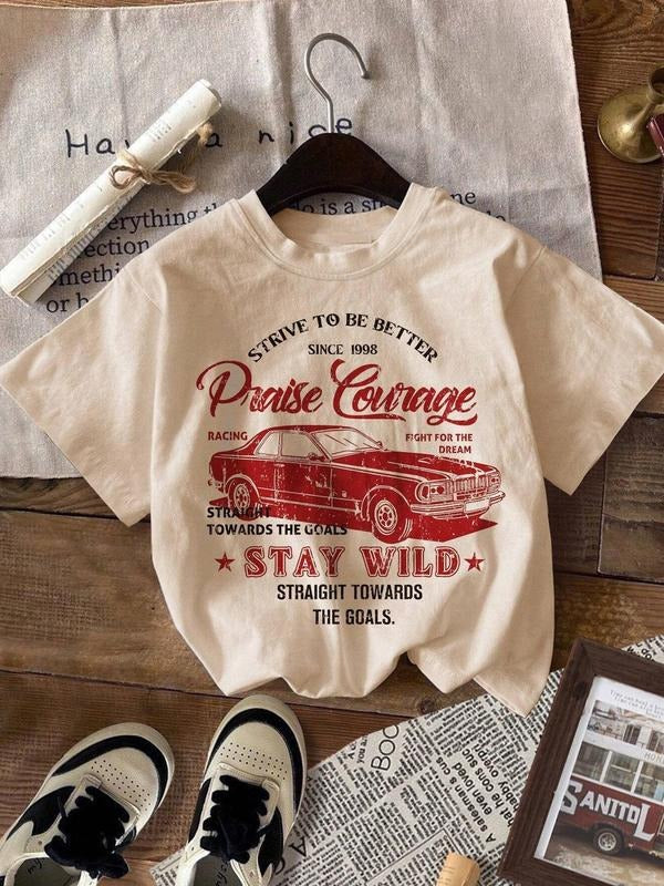 Women's Car & Letter Print Round Neck Tee Vintage Trendy Casual Short Sleeve T-shirt for Daily Wear Ladies All Seasons...