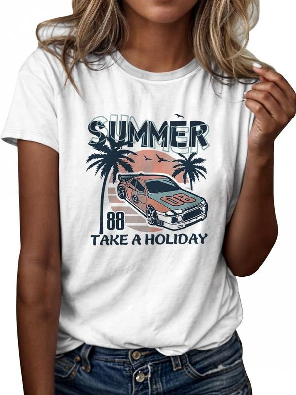 Women's Car & Letter Print Round Neck Tee, Casual Short Sleeve Crew Neck T-Shirt, Women's Top for Daily Wear Hoodie,...