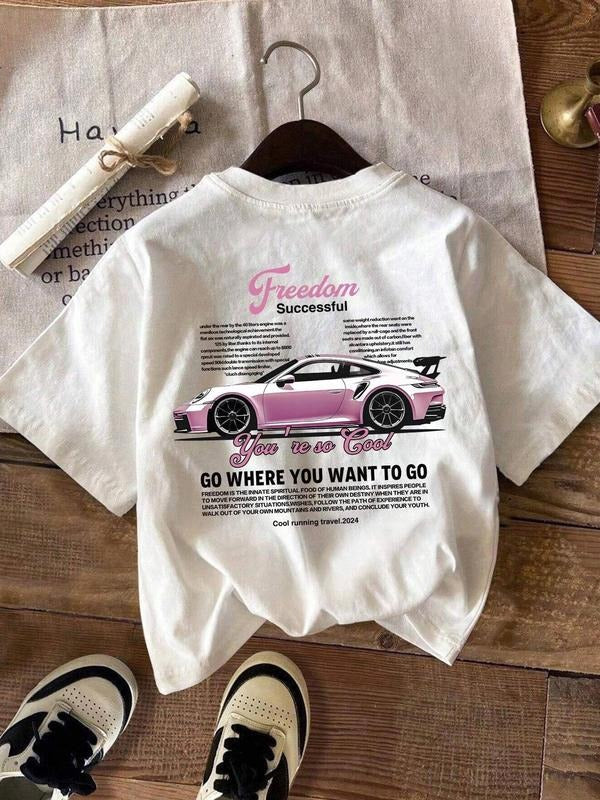 Car & Letter Print Round Neck Casual Short Sleeve Crew Neck Daily Clothes All Seasons T-Shirts, Hoodie, Sweatshirt