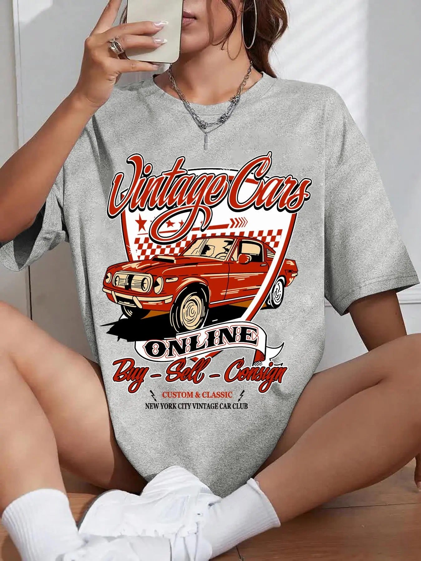 Women's Car & Letter Print Round Neck Tee, Trendy Casual Drop Shoulder Half Sleeve T-shirt For Daily Wear, Ladies Summer...
