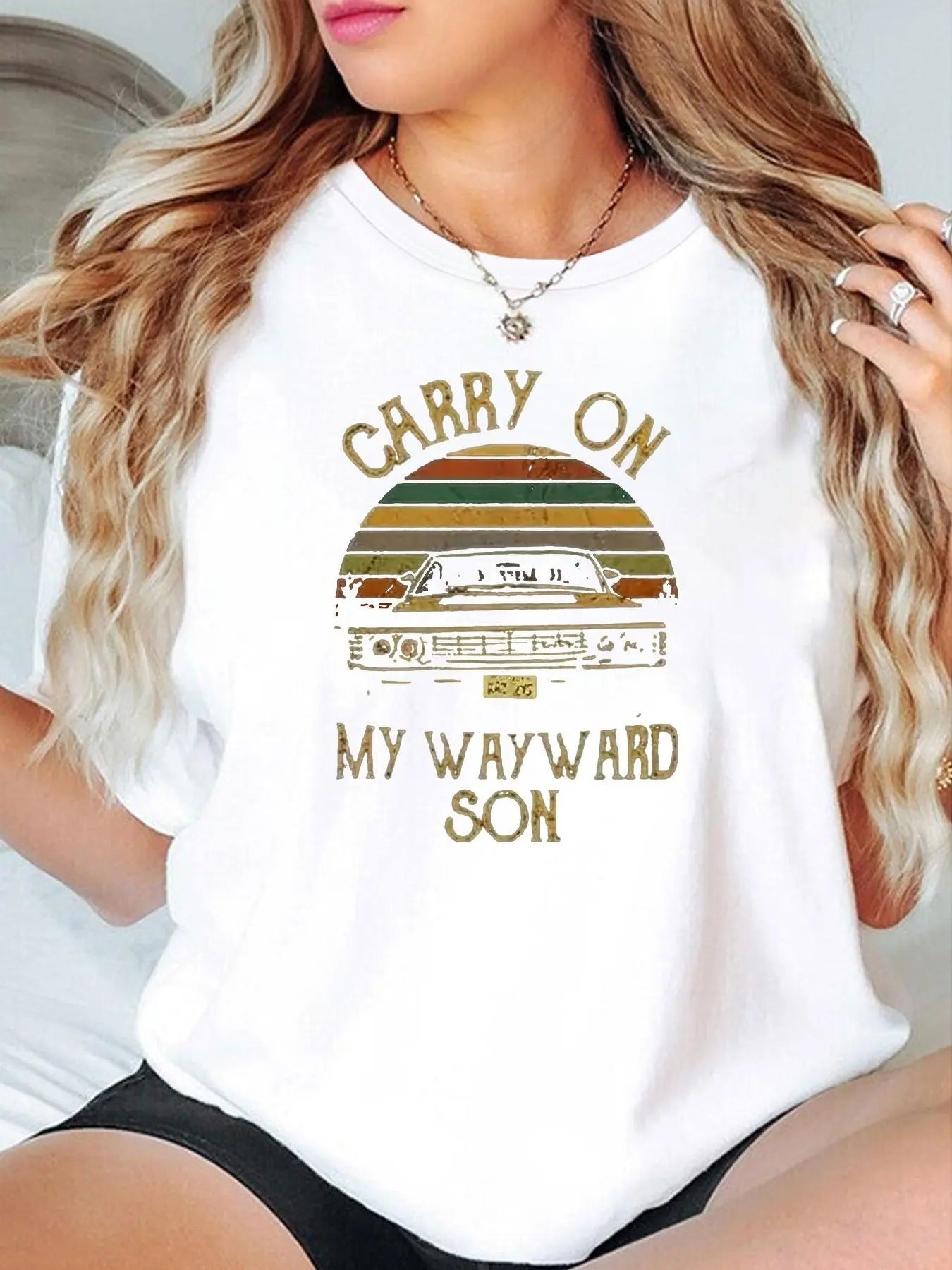 Women's Car & Letter Print Round Neck Tee, Trendy Casual Short Sleeve T-shirt for Daily Wear, Ladies Summer Outfit...