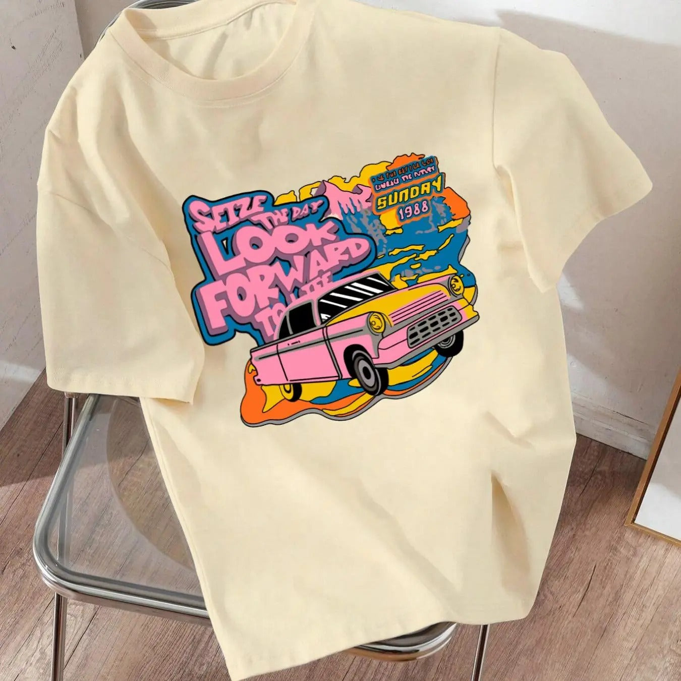 Women's Car & Letter Print Round Neck Tee, Vintage Trendy Casual Drop Shoulder Short Sleeve T-shirt for Daily Wear,...