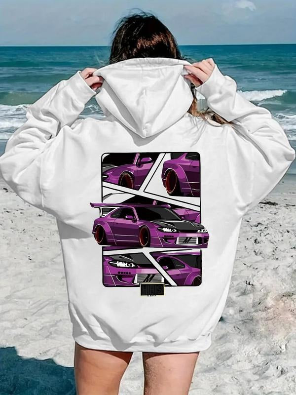 Women's Car Print Drop Shoulder Hoodie, Fashion Casual Drawstring Pocket Hooded Sweatshirt for Daily Holiday Outdoor...