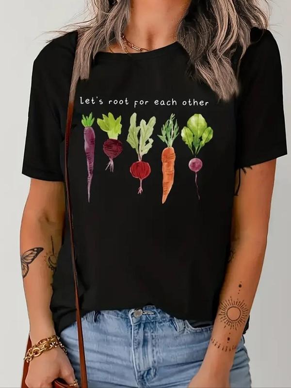Women's Carrot & Letter Print Round Neck Tee, Casual Short Sleeve Crew Neck T-Shirt for Summer, Fashion Women's Top for...