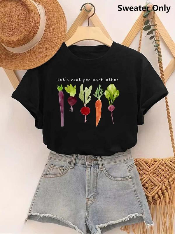 Women's Carrot Print Round Neck Tee, Casual Short Sleeve Crew Neck T-Shirt for Fall & Winter, Fashion Women's Top for...
