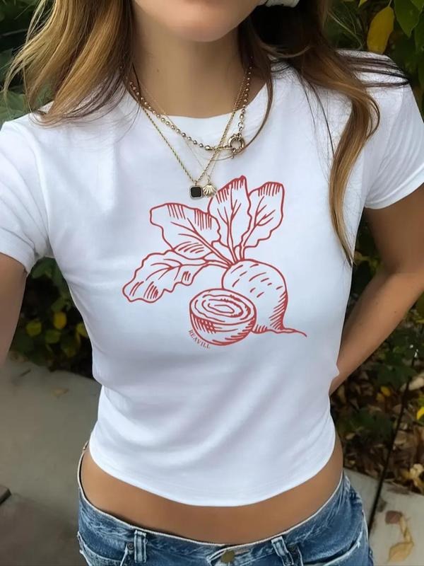 Women's Carrot Print Round Neck Tee, Casual Short Sleeve Crew Neck T-shirt for Summer, Fashion Women's Top for Daily Wear...
