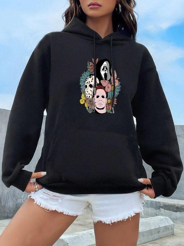 Women's Cartoon & Floral Print Drop Shoulder Hoodie, Fashion Casual Drawstring Pocket Hooded Sweatshirt for Daily Holiday...