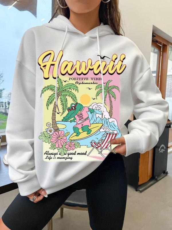 Women's Cartoon & Landscape Print Drop Shoulder Hoodie, Fashion Casual Drawstring Hooded Sweatshirt for Daily Holiday...
