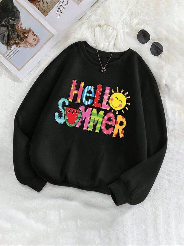 Women's Cartoon & Letter Print Crew Neck Sweatshirt, Casual Long Sleeve Pullover for Fall & Winter, Ladies Clothes for...