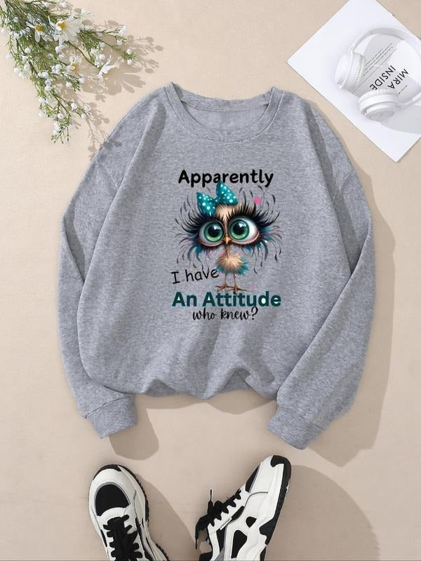 Women's Cartoon & Letter Print Crew Neck Sweatshirt, Casual Long Sleeve Pullover for Fall & Winter, Women's Clothes for...