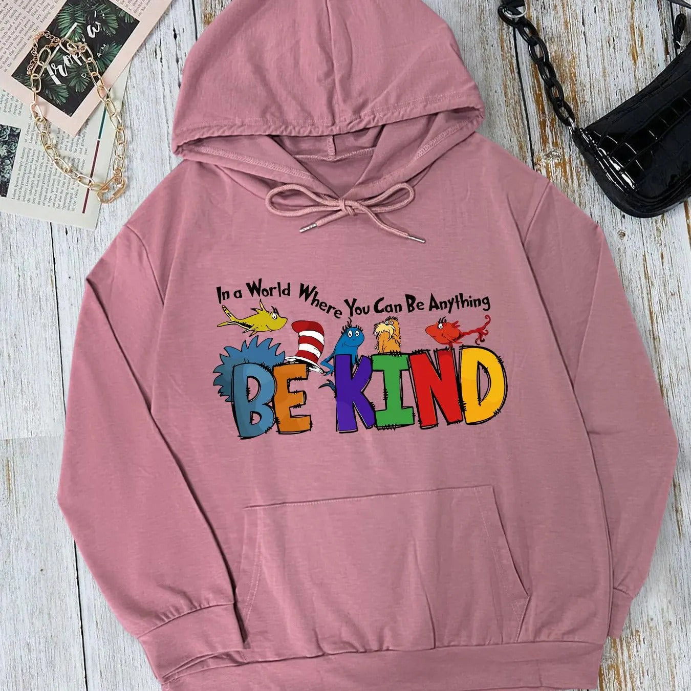 Cartoon & Letter Print Drop Shoulder Drawstring Casual Kangaroo Pocket Hooded Daily Outdoor Fall & Winter T-Shirts, Hoodie, Sweatshirt