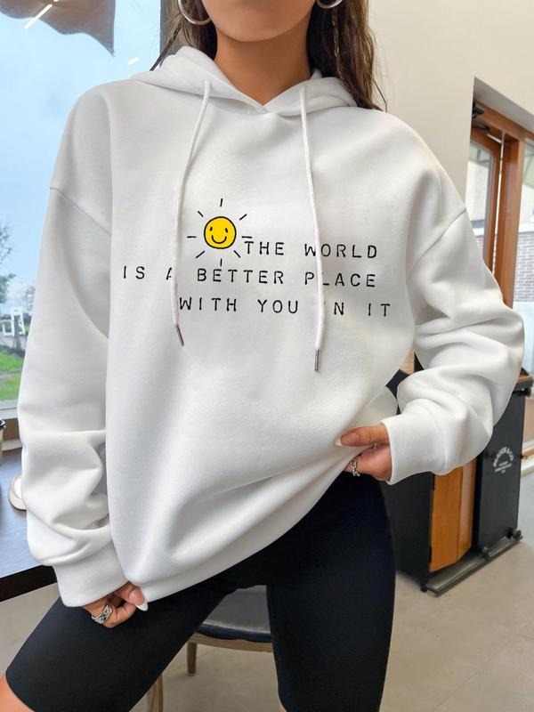Women's Cartoon & Letter Print Drop Shoulder Hoodie, Fashion Casual Drawstring Hooded Sweatshirt for Daily Holiday...
