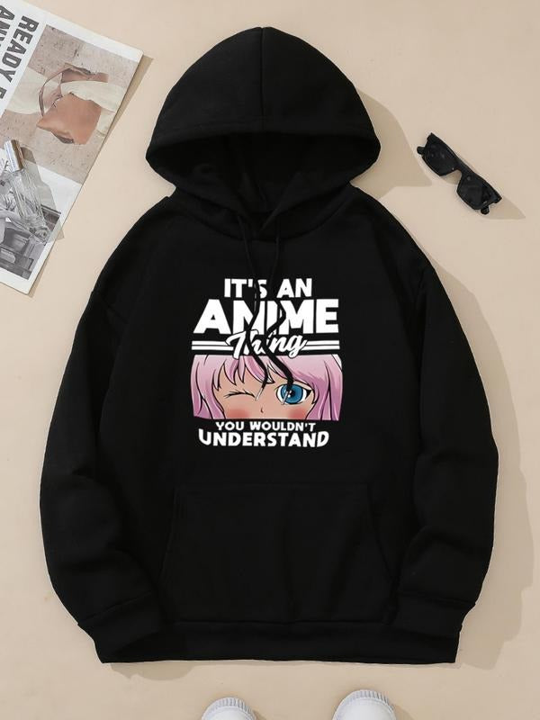 Women's Cartoon & Letter Print Drop Shoulder Hoodie, Fashion Casual Drawstring Pocket Hooded Sweatshirt for Daily Holiday...