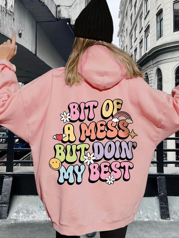 Women's Cartoon & Letter Print Drop Shoulder Hoodie, Trendy Casual Drawstring Pocket Hooded Sweatshirt for Daily Holiday...