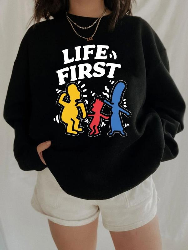 Women's Cartoon & Letter Print Drop Shoulder Sweatshirt, Casual Long Sleeve Round Neck Pullover for Fall & Winter,...