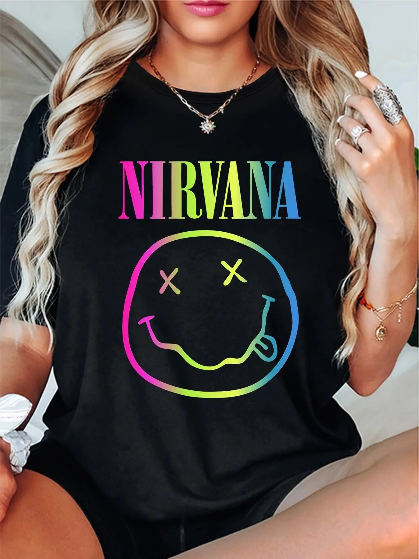 Women's Cartoon & Letter Print Drop Shoulder Tee, Casual Short Sleeve Round Neck T-Shirt for Summer, Women's Top for...