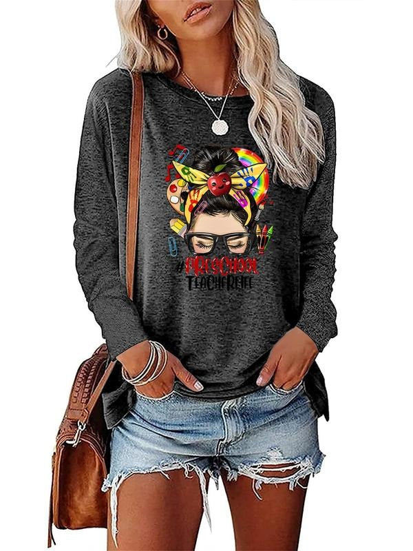 Women's Cartoon & Letter Print Drop Shoulder Tee, Fashion Casual Round Neck T-shirt For Daily Holiday Vacation Outdoor...