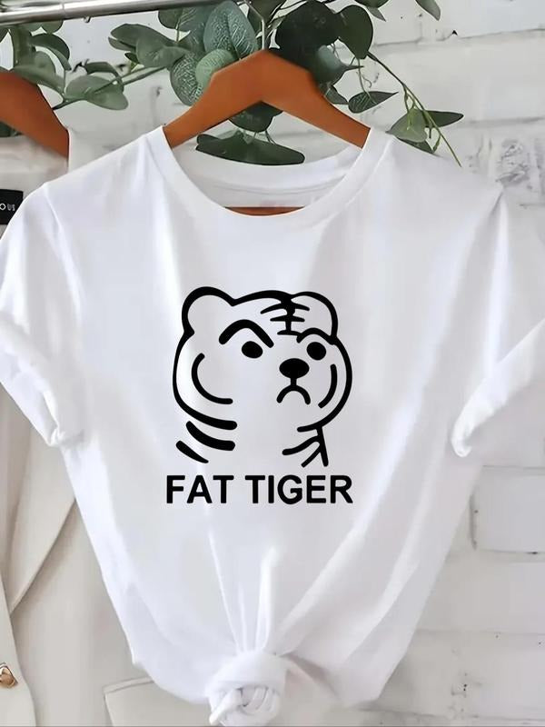 Women's Cartoon & Letter Print Round Neck Tee, Casual Crew Neck Short Sleeve T-shirt, Ladies Summer Outfit for Daily Wear...