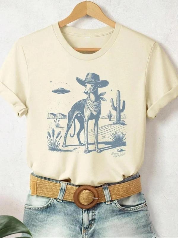 Women's Cartoon & Letter Print Round Neck Tee, Casual Retro Short Sleeve T-Shirt for Daily Wear, Ladies Summer, Tops...