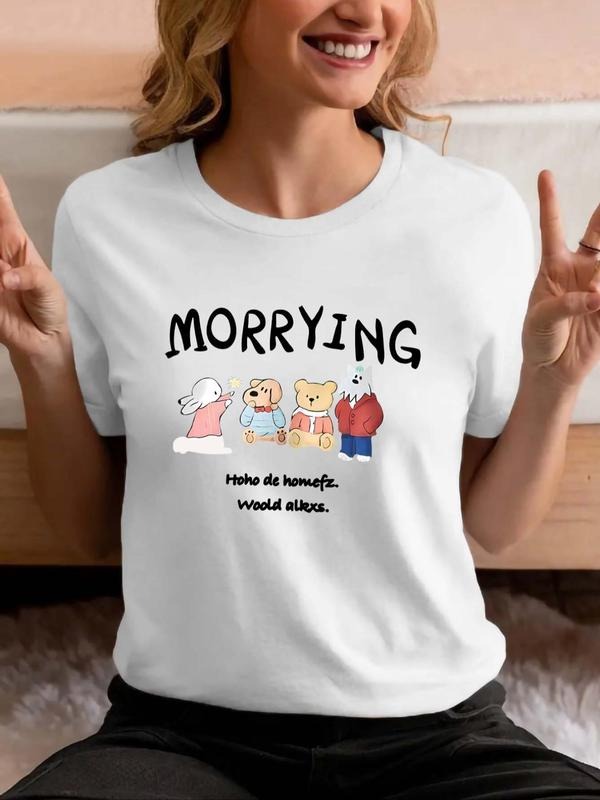 Women's Cartoon & Letter Print Round Neck Tee, Casual Short Sleeve Graphic T-shirt, Ladies Summer Clothes for Daily Wear...