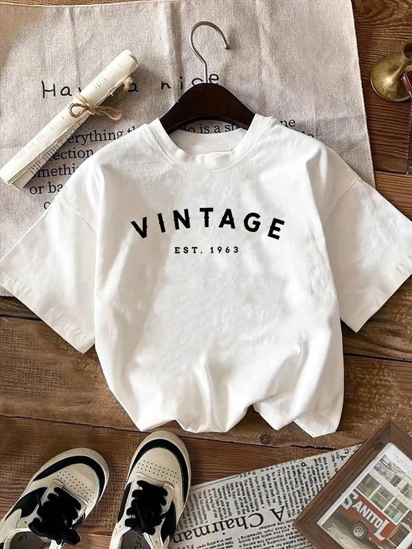 Women's Cartoon & Letter Print Round Neck Tee, Casual Y2K Short Sleeve T-Shirt for Summer, Ladies Clothes for Daily Wear,...