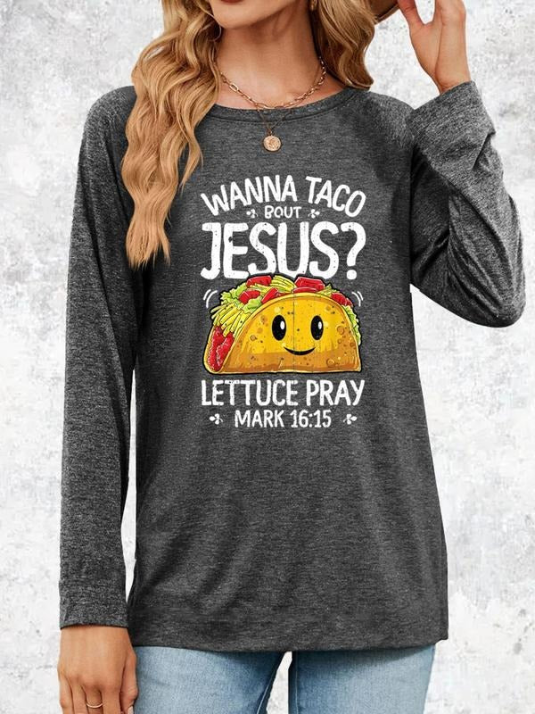 Women's Cartoon & Letter Print Round Neck Tee, Fashion Casual Crew Neck Long Sleeve T-Shirt for Daily Holiday Vacation...