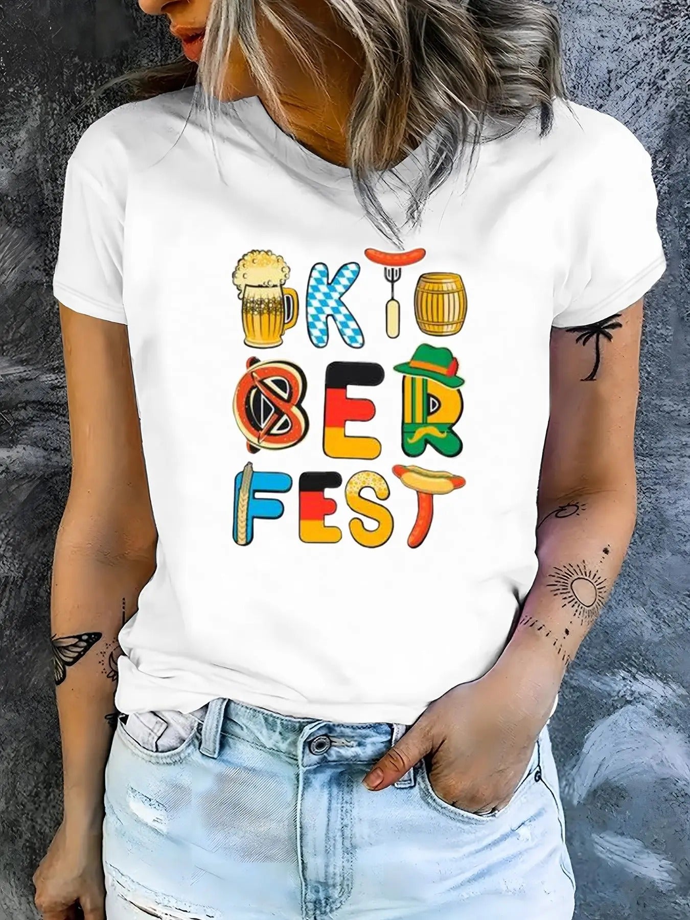 Women's Cartoon & Letter Print Round Neck Tee, Fashion Casual Crew Neck Short Sleeve T-Shirt for Daily Holiday Vacation...