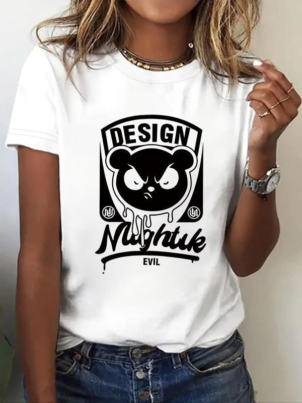 Women's Cartoon & Letter Print Round Neck Tee, Fashion Casual Crew Neck T-Shirt for Daily Holiday Vacation Outdoor Wear,...