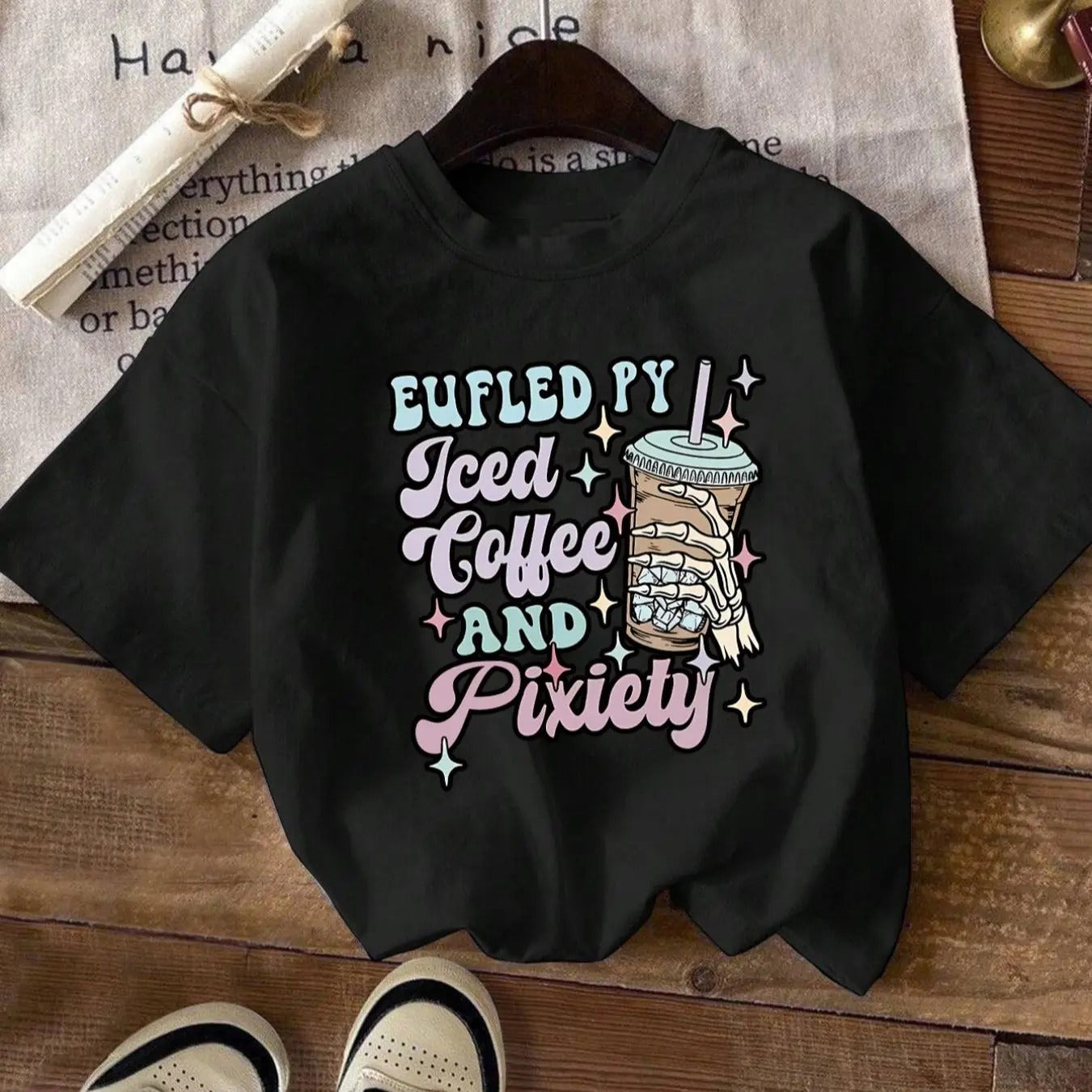 Women's Cartoon & Letter Print Round Neck Tee, Fashion Casual Drop Shoulder Short Sleeve T-shirt for Daily Wear, Women's...