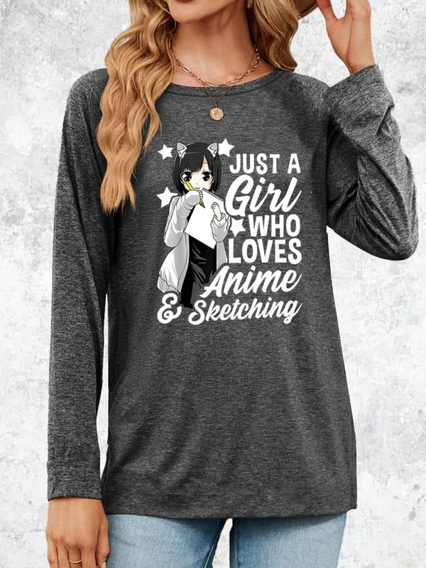 Women's Cartoon & Letter Print Round Neck Tee, Fashion Casual Long Sleeve T-Shirt for Daily Wear, Women Clothing for...