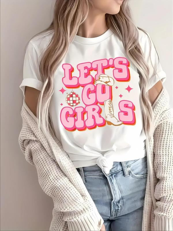 Women's Cartoon & Letter Print Round Neck Tee, Trendy Casual Short Sleeve T-Shirt for Daily Wear, Ladies Summer Outfit...