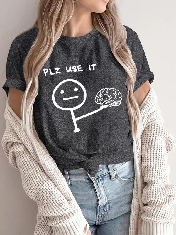 Women's Cartoon & Letter Print Round Neck Tee, Vintage Trendy Casual Short Sleeve T-shirt for Daily Wear, Ladies Summer...