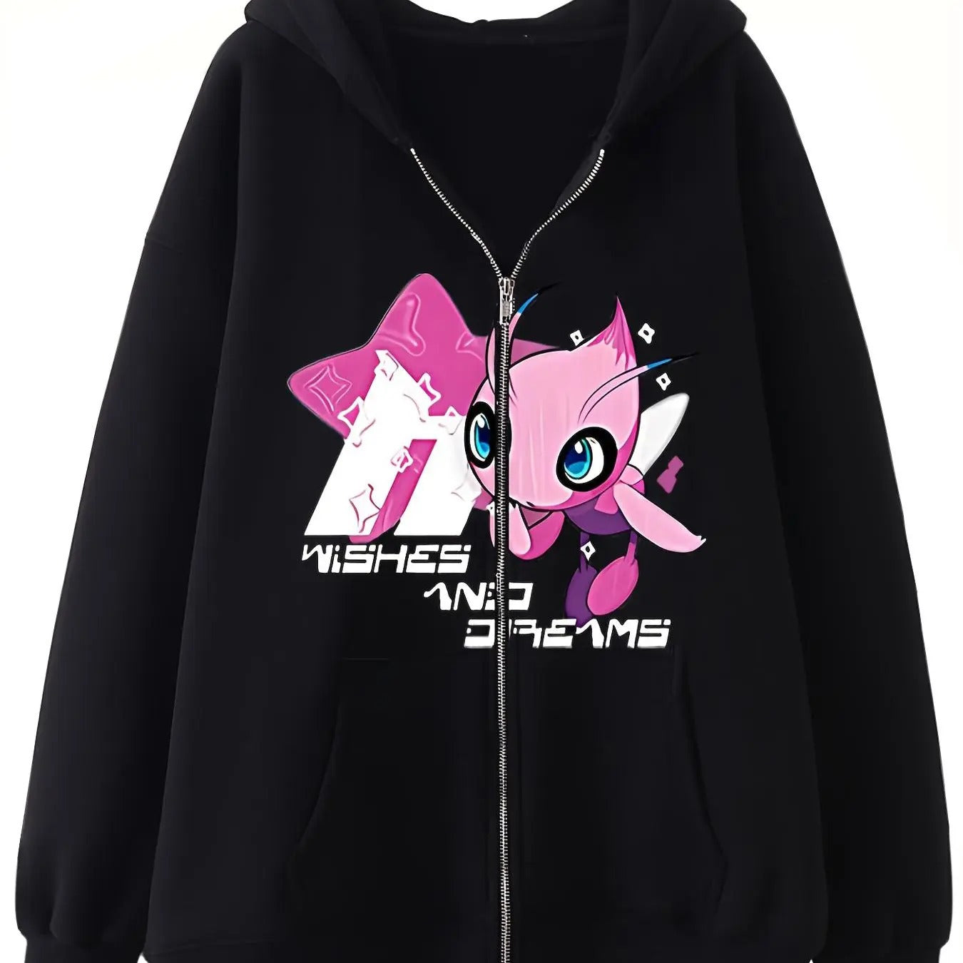 Women's Cartoon & Letter Print Zip Up Pocket Hoodie, Casual Drop Shoulder Long Sleeve Hooded Sweatshirt for Daily Wear,...
